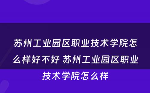 苏州工业园区职业技术学院怎么样好不好 苏州工业园区职业技术学院怎么样