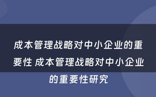 成本管理战略对中小企业的重要性 成本管理战略对中小企业的重要性研究