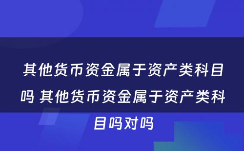 其他货币资金属于资产类科目吗 其他货币资金属于资产类科目吗对吗