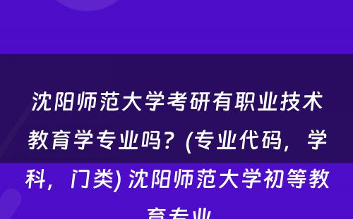 沈阳师范大学考研有职业技术教育学专业吗？(专业代码，学科，门类) 沈阳师范大学初等教育专业