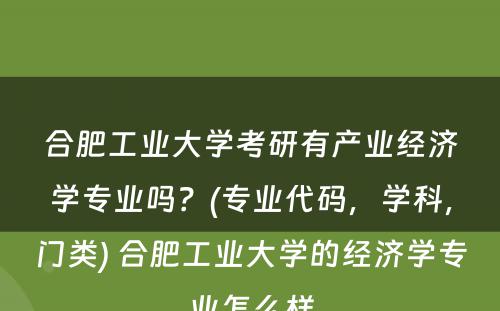 合肥工业大学考研有产业经济学专业吗？(专业代码，学科，门类) 合肥工业大学的经济学专业怎么样