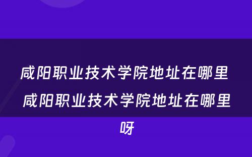咸阳职业技术学院地址在哪里 咸阳职业技术学院地址在哪里呀