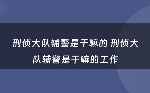 刑侦大队辅警是干嘛的 刑侦大队辅警是干嘛的工作