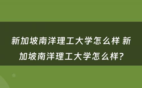 新加坡南洋理工大学怎么样 新加坡南洋理工大学怎么样?