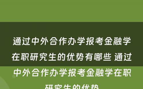 通过中外合作办学报考金融学在职研究生的优势有哪些 通过中外合作办学报考金融学在职研究生的优势