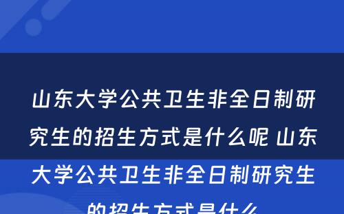 山东大学公共卫生非全日制研究生的招生方式是什么呢 山东大学公共卫生非全日制研究生的招生方式是什么