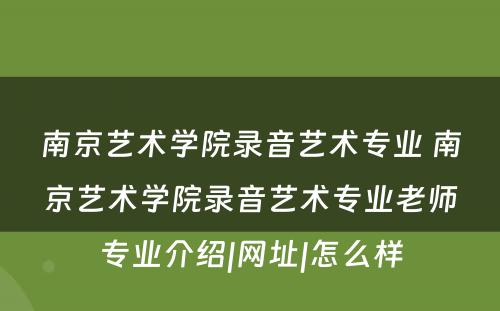 南京艺术学院录音艺术专业 南京艺术学院录音艺术专业老师专业介绍|网址|怎么样