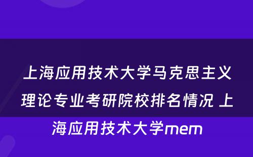 上海应用技术大学马克思主义理论专业考研院校排名情况 上海应用技术大学mem